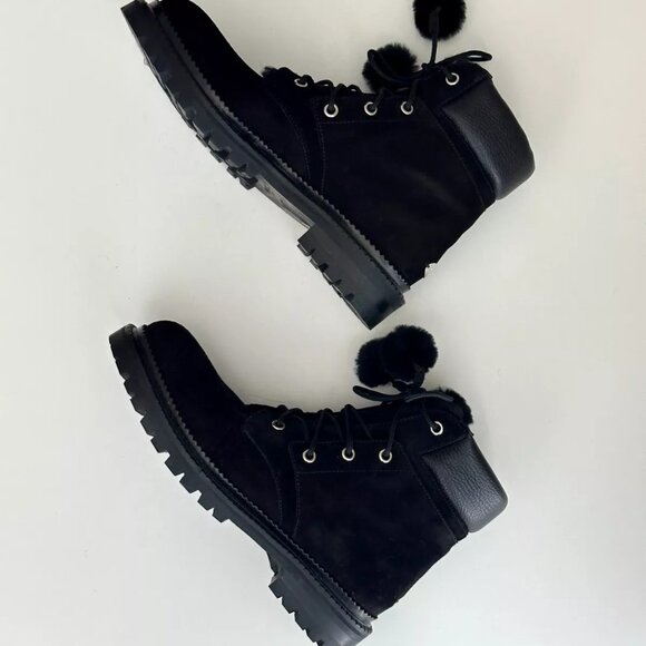 JIMMY CHOO Elba Black Leather Suede Pom Pom Flat Ankle Boots Size 38 - Picture 4 of 14